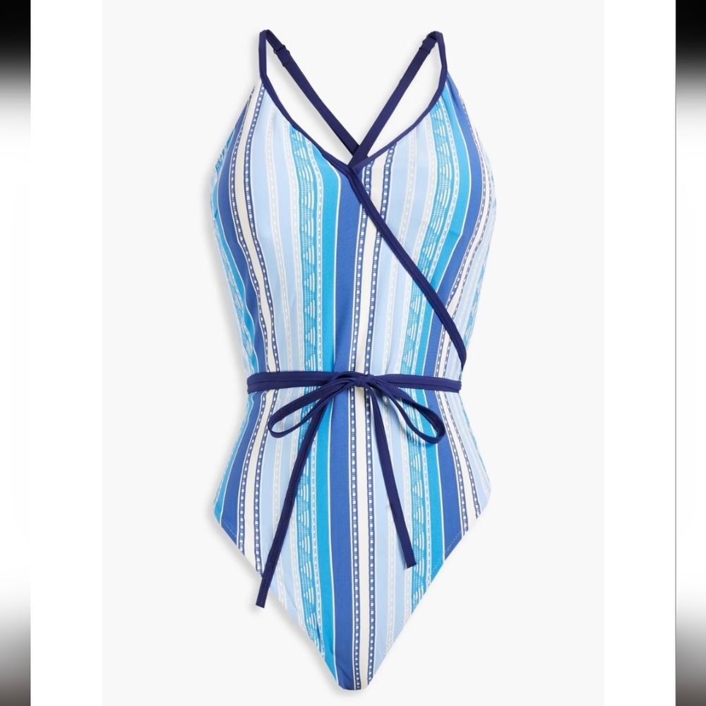 Lemlem Eshal Wrap Effect Stretch Jacquard One Piece Swimsuit Blue White S Small
